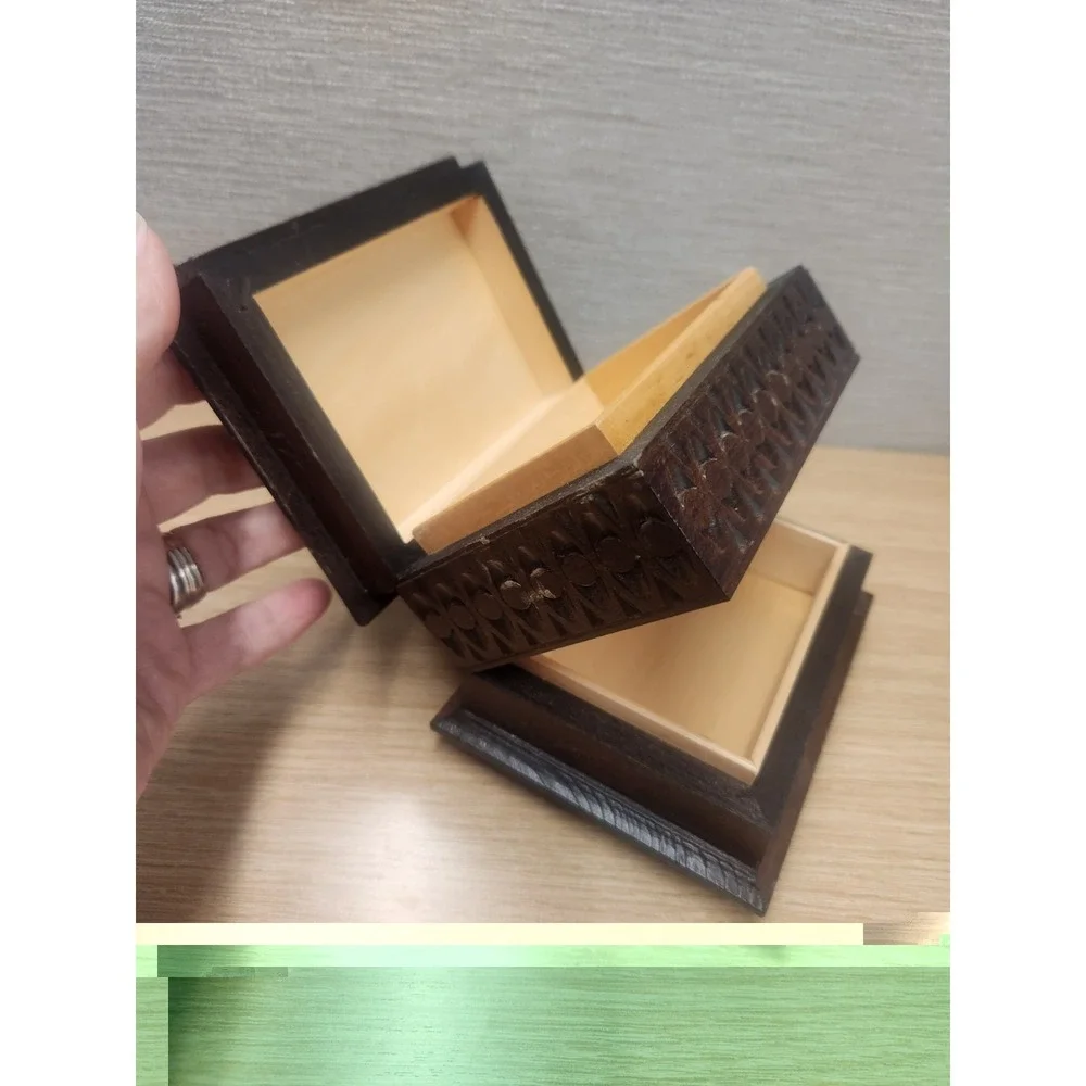 Vintage Hand Carved Wood Double Secret Compartment Hinged Trinket Or Jewelry Box